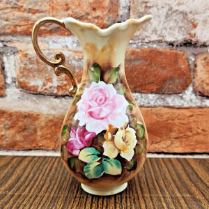 Pink Yellow Rose Vase- Vintage Hand Painted Porcelain Pitcher